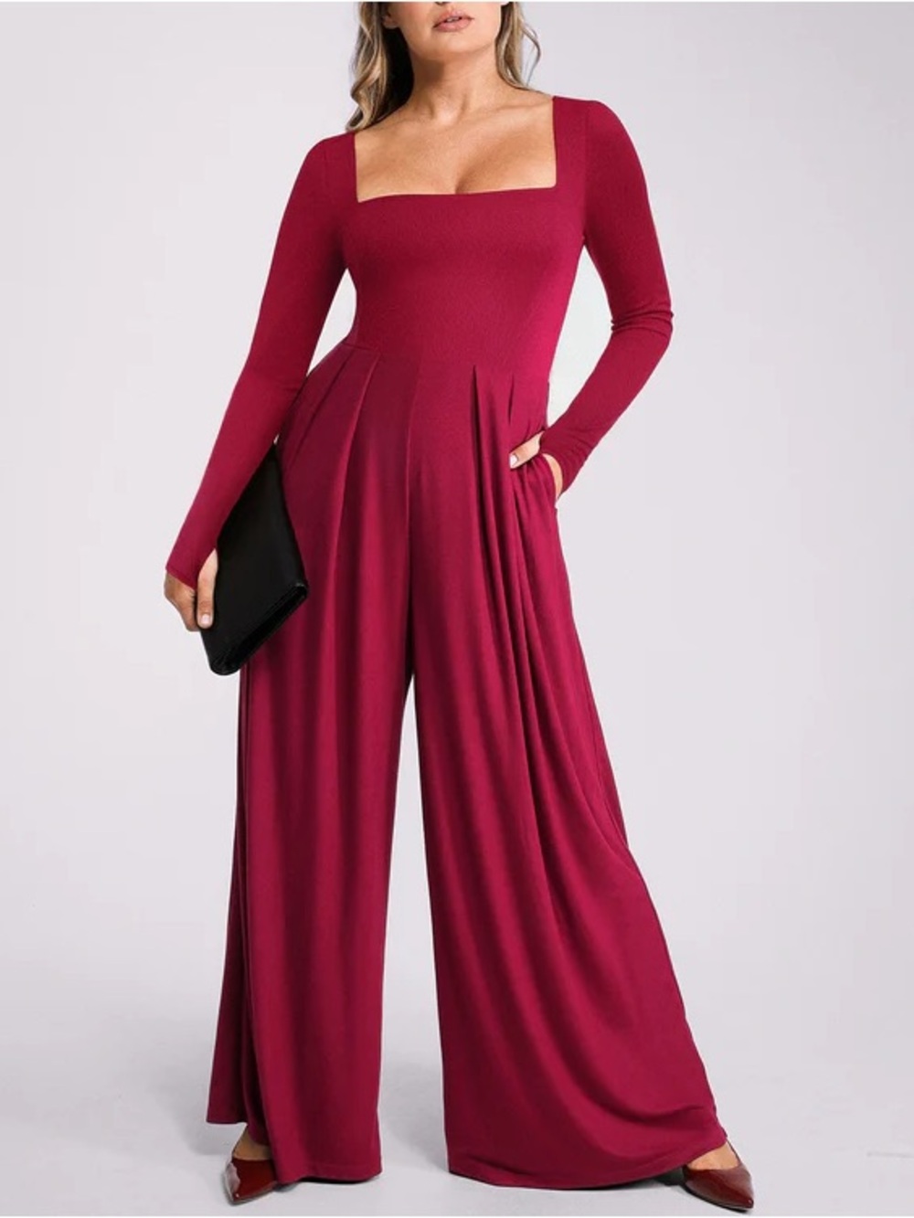 POPFLEX Square Neck Long Sleeve Wide-Leg Jumpsuit - Wine